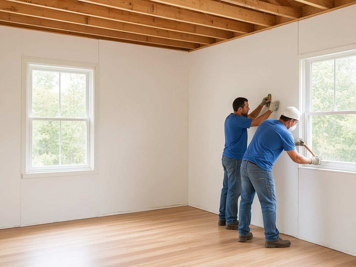 Crew rebuilding a bright room after water damage